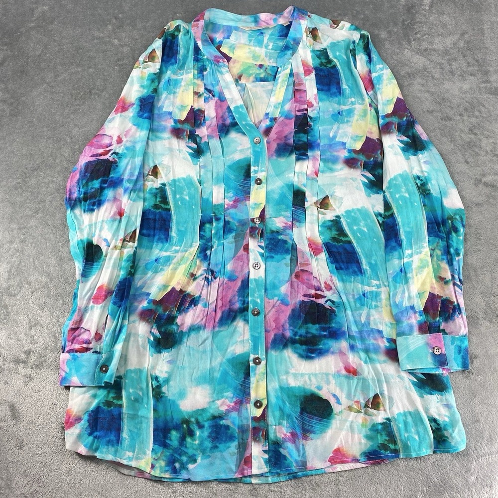 Soft Surroundings Ursa Tunic Large Colorful‎ Rayon Blouse Pleat Details V Neck